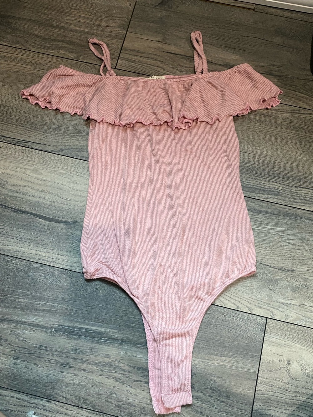 La Hearts Pink Ruffle Off-Shoulder One-Piece Bodysuit